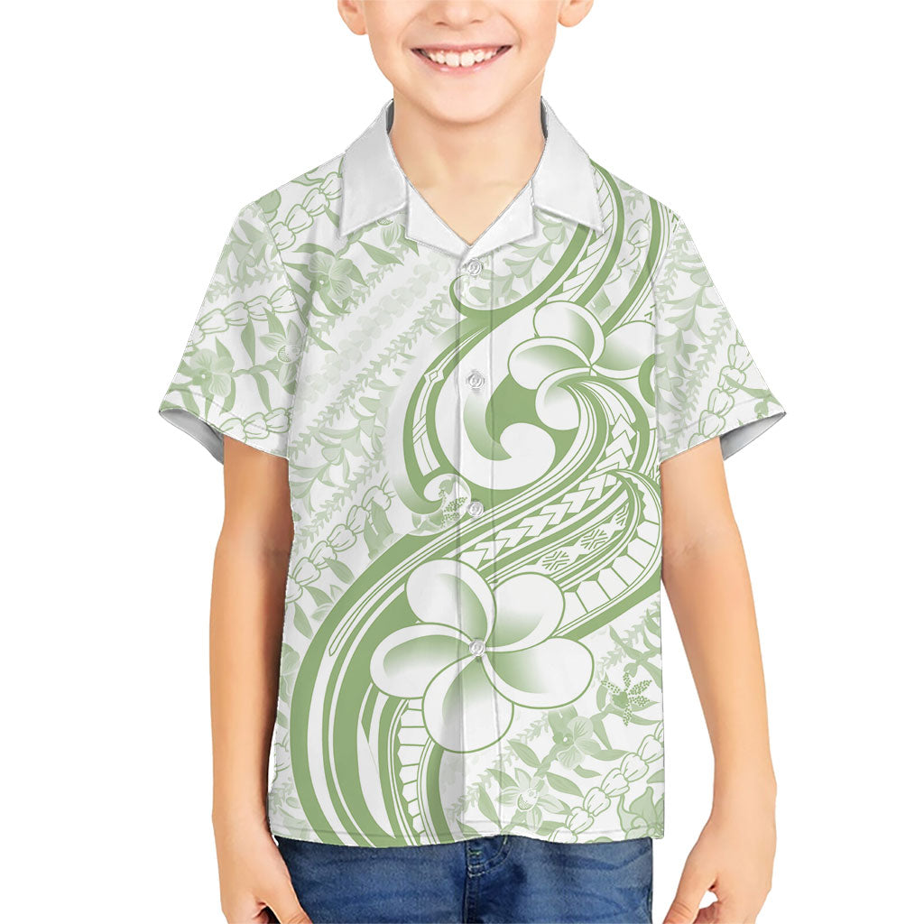 Hawaii Plumeria Lokelani Pikake Lei Family Matching Off Shoulder Maxi Dress and Hawaiian Shirt Oma'oma'o Polynesian Tattoo LT9 Son's Shirt Green - Polynesian Pride