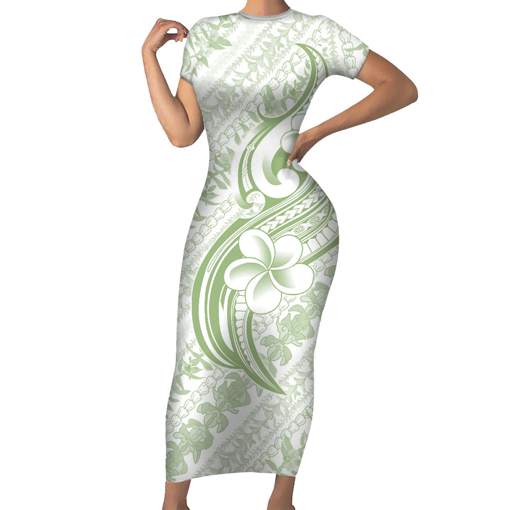 Hawaii Plumeria Lokelani Pikake Lei Family Matching Short Sleeve Bodycon Dress and Hawaiian Shirt Oma'oma'o Polynesian Tattoo LT9 Mom's Dress Green - Polynesian Pride