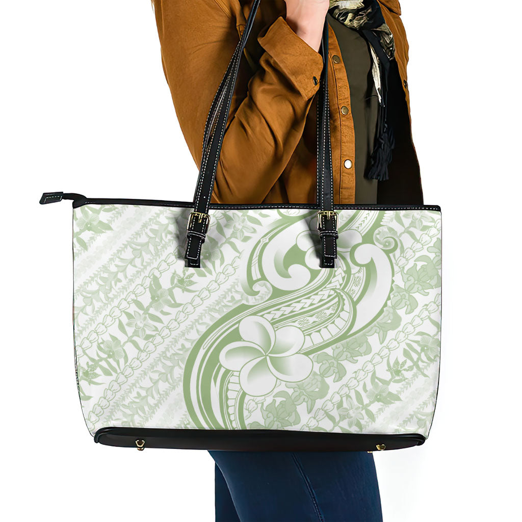 Hawaii Plumeria Lokelani Pikake Lei Leather Tote Bag Oma'oma'o Polynesian Tattoo
