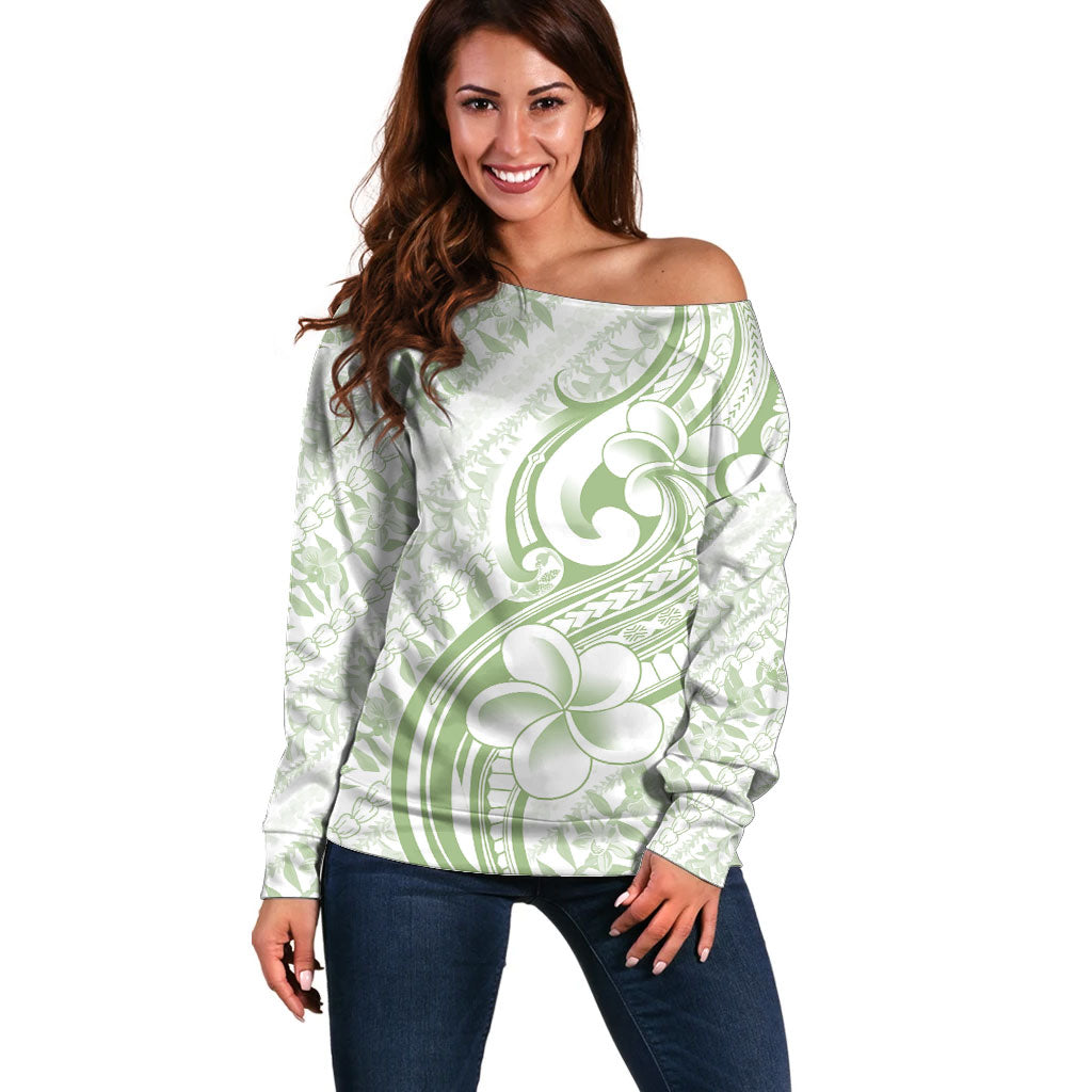 Hawaii Plumeria Lokelani Pikake Lei Off Shoulder Sweater Oma'oma'o Polynesian Tattoo