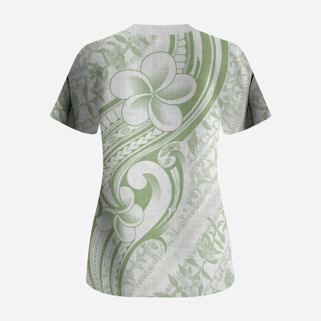 Hawaii Plumeria Lokelani Pikake Lei Scrub Top Oma'oma'o Polynesian Tattoo