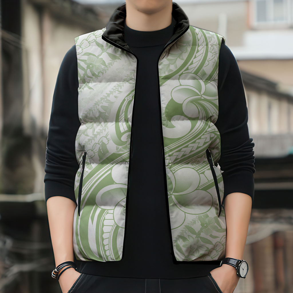 Hawaii Plumeria Lokelani Pikake Lei Sleeveless Puffer Jacket Oma'oma'o Polynesian Tattoo