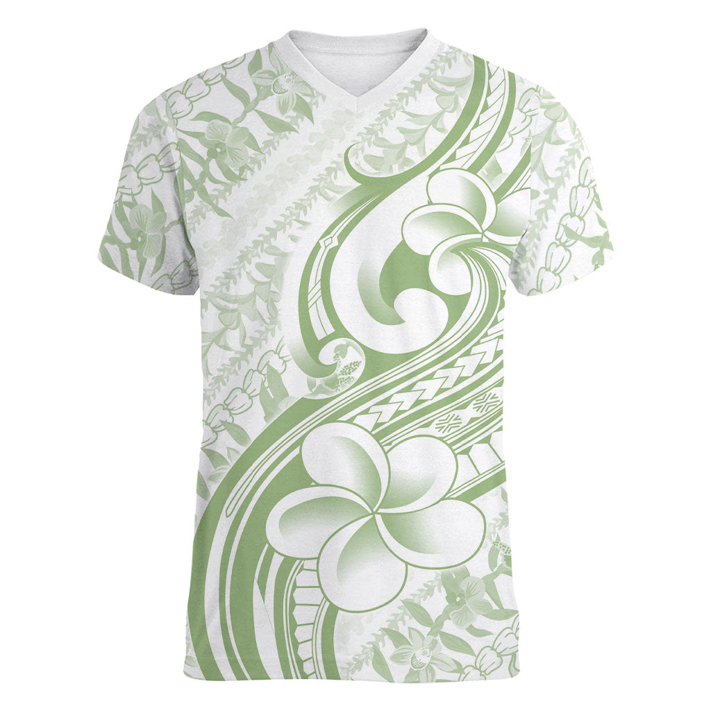 Hawaii Plumeria Lokelani Pikake Lei Women V-Neck T-Shirt Oma'oma'o Polynesian Tattoo
