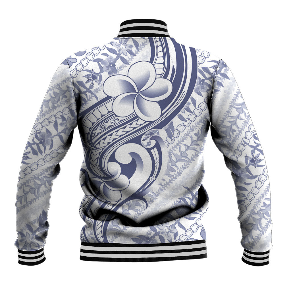 Hawaii Plumeria Lokelani Pikake Lei Baseball Jacket Navy Blue Polynesian Tattoo