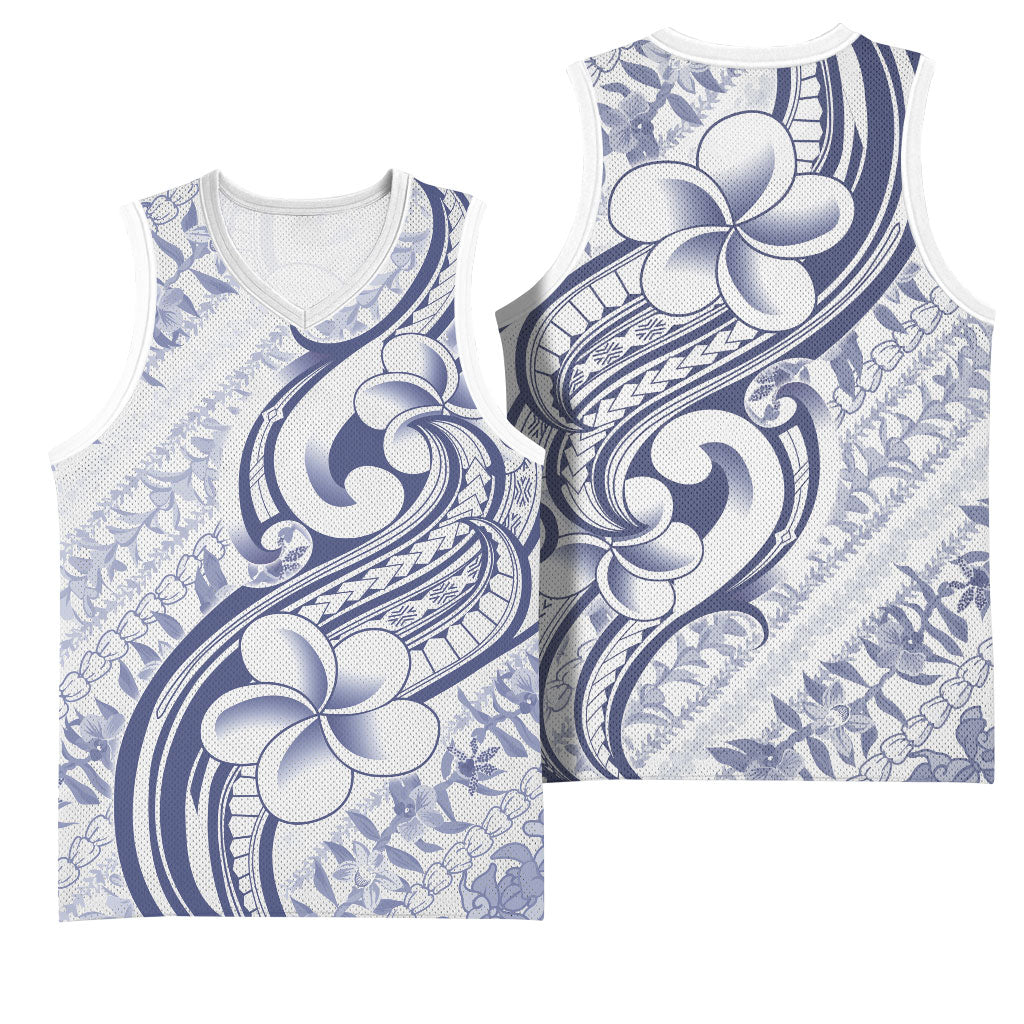 Hawaii Plumeria Lokelani Pikake Lei Basketball Jersey Navy Blue Polynesian Tattoo