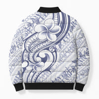 Hawaii Plumeria Lokelani Pikake Lei Bomber Puffer Jacket Navy Blue Polynesian Tattoo