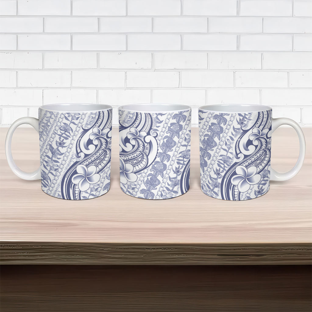 Hawaii Plumeria Lokelani Pikake Lei Ceramic Mug Navy Blue Polynesian Tattoo