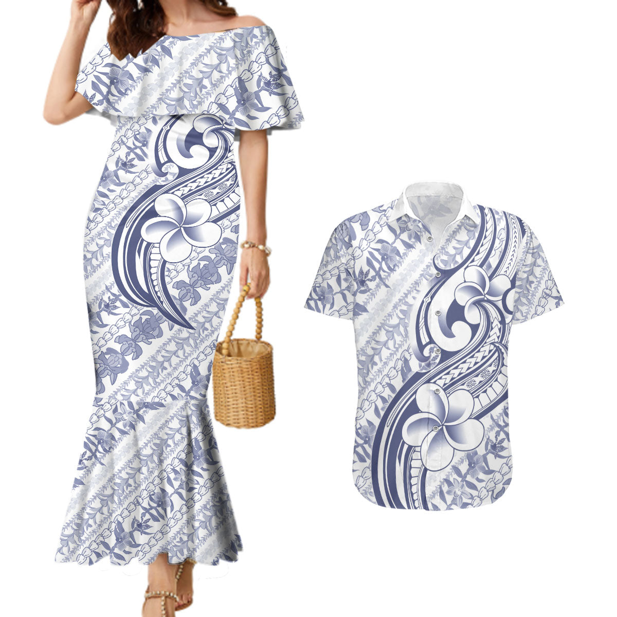 Hawaii Plumeria Lokelani Pikake Lei Couples Matching Mermaid Dress and Hawaiian Shirt Navy Blue Polynesian Tattoo LT9 Navy Blue - Polynesian Pride