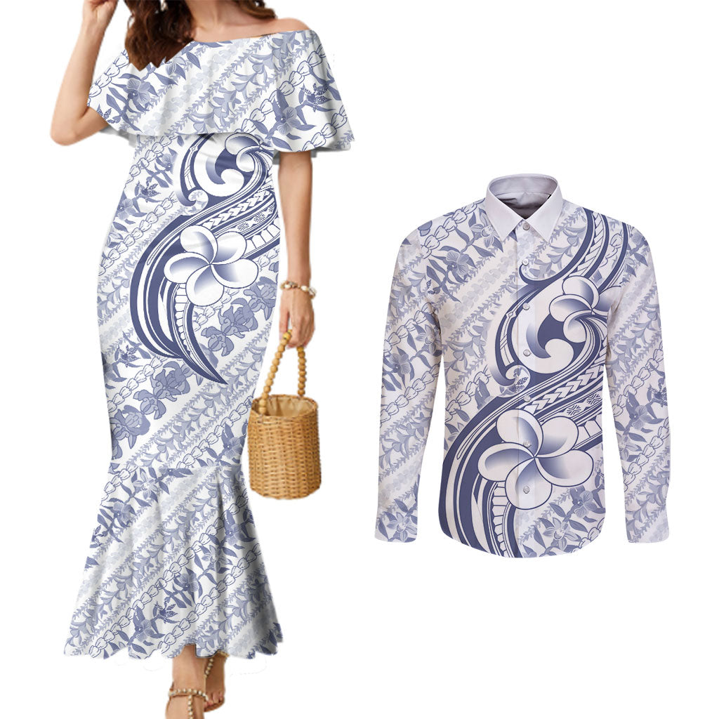 Hawaii Plumeria Lokelani Pikake Lei Couples Matching Mermaid Dress and Long Sleeve Button Shirt Navy Blue Polynesian Tattoo