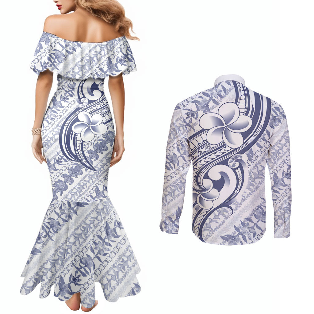 Hawaii Plumeria Lokelani Pikake Lei Couples Matching Mermaid Dress and Long Sleeve Button Shirt Navy Blue Polynesian Tattoo