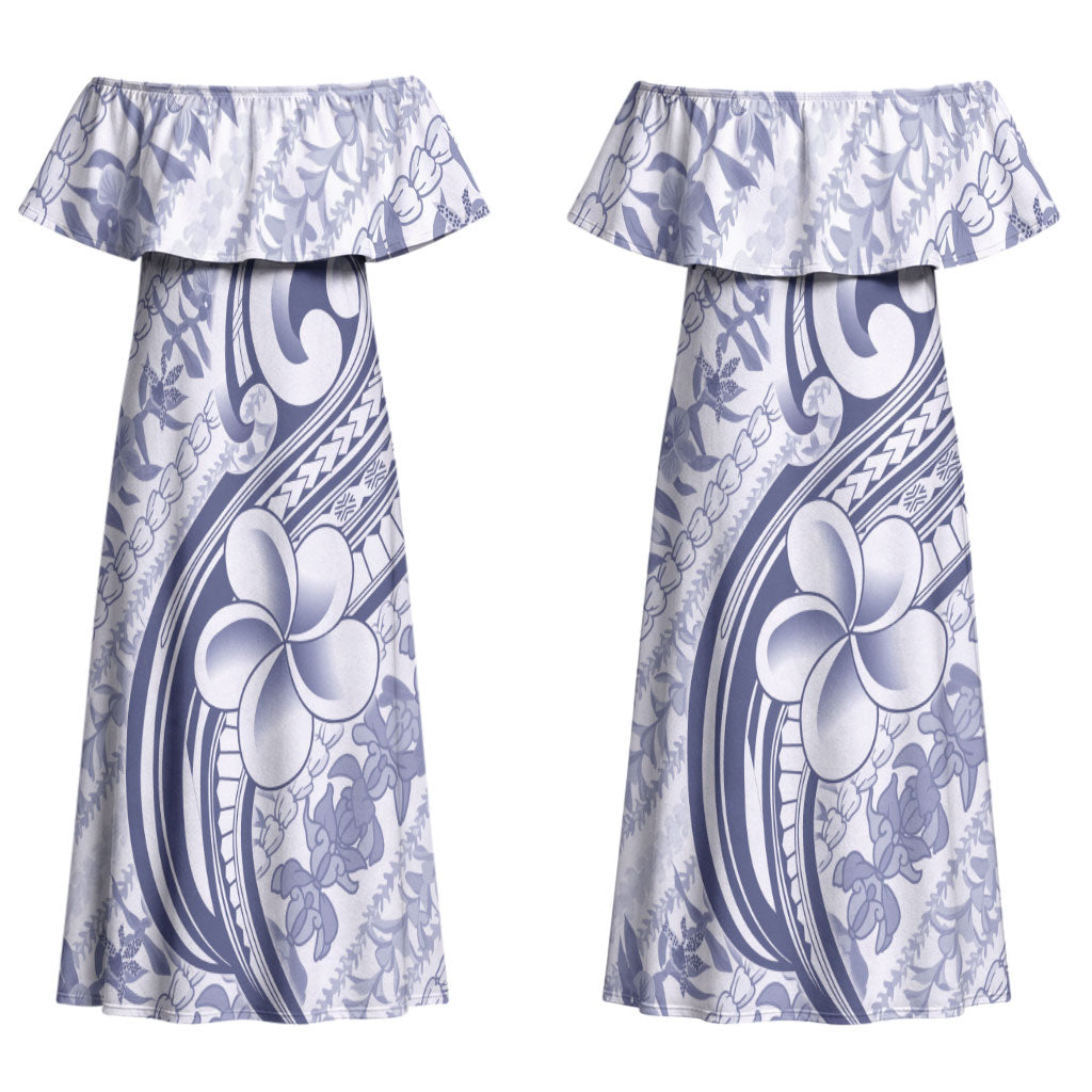 Hawaii Plumeria Lokelani Pikake Lei Couples Matching Off Shoulder Maxi Dress and Hawaiian Shirt Navy Blue Polynesian Tattoo LT9 - Polynesian Pride