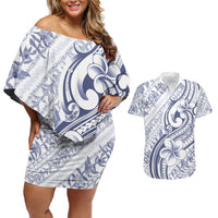 Hawaii Plumeria Lokelani Pikake Lei Couples Matching Off Shoulder Short Dress and Hawaiian Shirt Navy Blue Polynesian Tattoo LT9 Navy Blue - Polynesian Pride