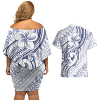 Hawaii Plumeria Lokelani Pikake Lei Couples Matching Off Shoulder Short Dress and Hawaiian Shirt Navy Blue Polynesian Tattoo LT9 - Polynesian Pride