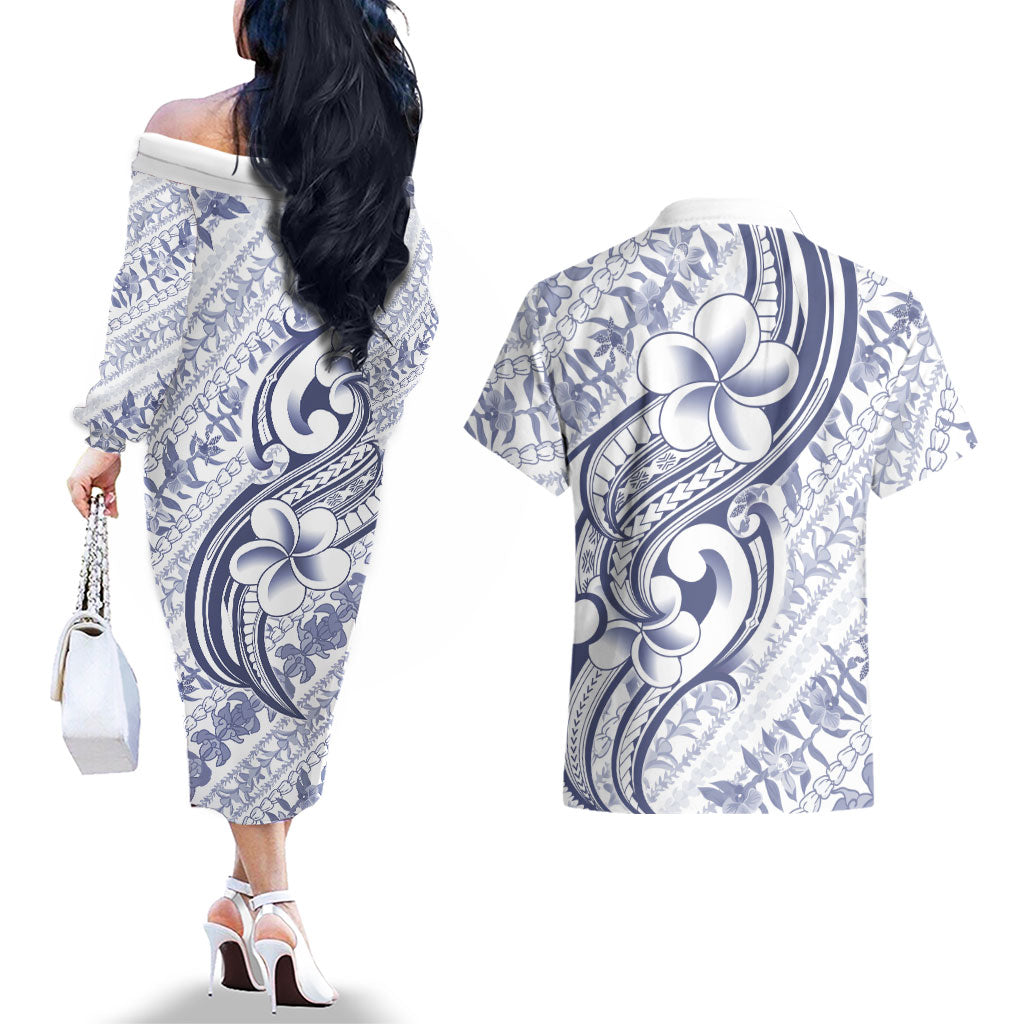 Hawaii Plumeria Lokelani Pikake Lei Couples Matching Off The Shoulder Long Sleeve Dress and Hawaiian Shirt Navy Blue Polynesian Tattoo LT9 - Polynesian Pride