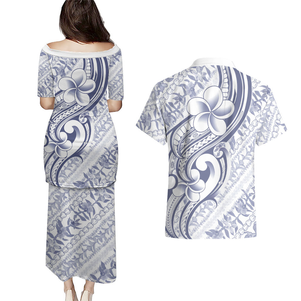 Hawaii Plumeria Lokelani Pikake Lei Couples Matching Puletasi and Hawaiian Shirt Navy Blue Polynesian Tattoo