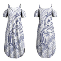 Hawaii Plumeria Lokelani Pikake Lei Couples Matching Summer Maxi Dress and Long Sleeve Button Shirt Navy Blue Polynesian Tattoo LT9 - Polynesian Pride