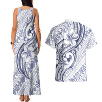 Hawaii Plumeria Lokelani Pikake Lei Couples Matching Tank Maxi Dress and Hawaiian Shirt Navy Blue Polynesian Tattoo LT9 - Polynesian Pride