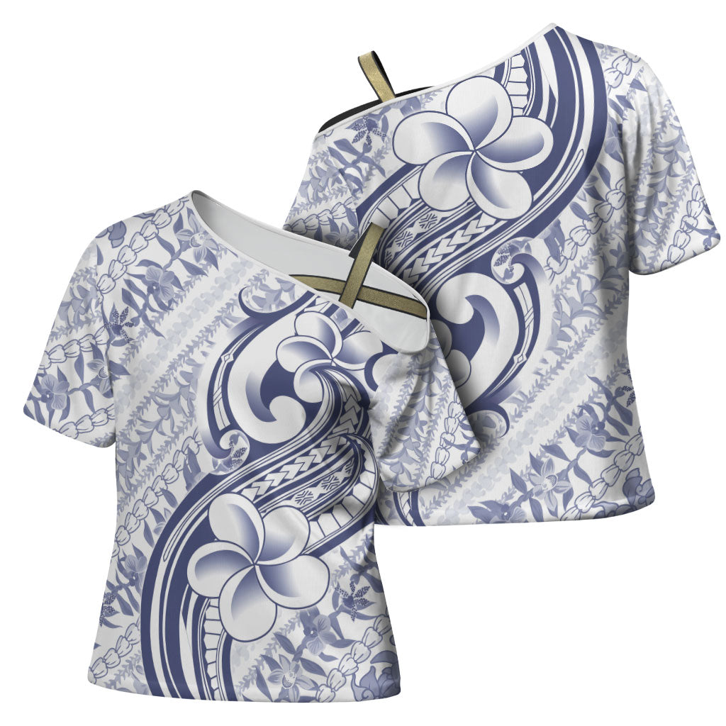 Hawaii Plumeria Lokelani Pikake Lei Cross Shoulder Shirt Navy Blue Polynesian Tattoo