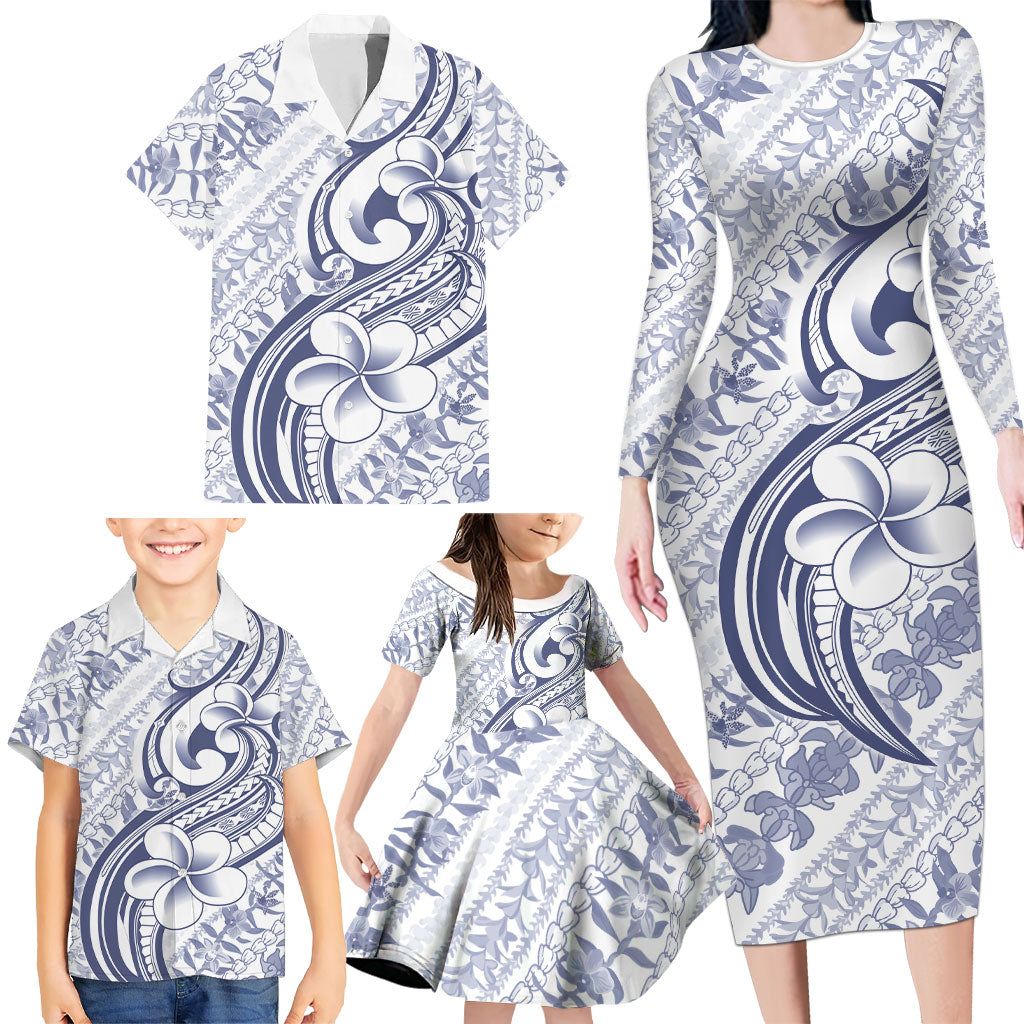 Hawaii Plumeria Lokelani Pikake Lei Family Matching Long Sleeve Bodycon Dress and Hawaiian Shirt Navy Blue Polynesian Tattoo LT9 - Polynesian Pride