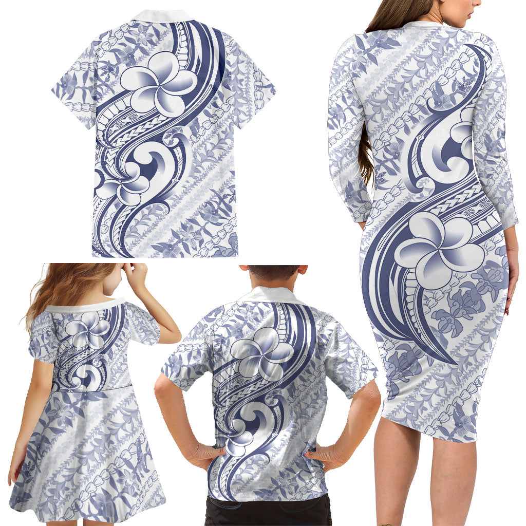 Hawaii Plumeria Lokelani Pikake Lei Family Matching Long Sleeve Bodycon Dress and Hawaiian Shirt Navy Blue Polynesian Tattoo LT9 - Polynesian Pride