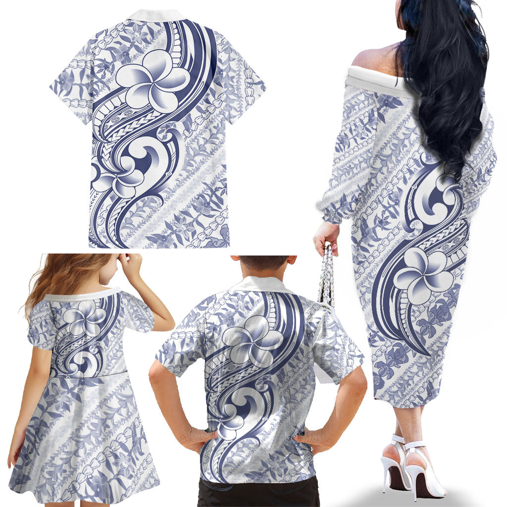 Hawaii Plumeria Lokelani Pikake Lei Family Matching Off The Shoulder Long Sleeve Dress and Hawaiian Shirt Navy Blue Polynesian Tattoo LT9 - Polynesian Pride