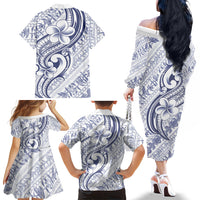 Hawaii Plumeria Lokelani Pikake Lei Family Matching Off The Shoulder Long Sleeve Dress and Hawaiian Shirt Navy Blue Polynesian Tattoo LT9 - Polynesian Pride