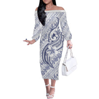 Hawaii Plumeria Lokelani Pikake Lei Family Matching Off The Shoulder Long Sleeve Dress and Hawaiian Shirt Navy Blue Polynesian Tattoo LT9 Mom's Dress Navy Blue - Polynesian Pride