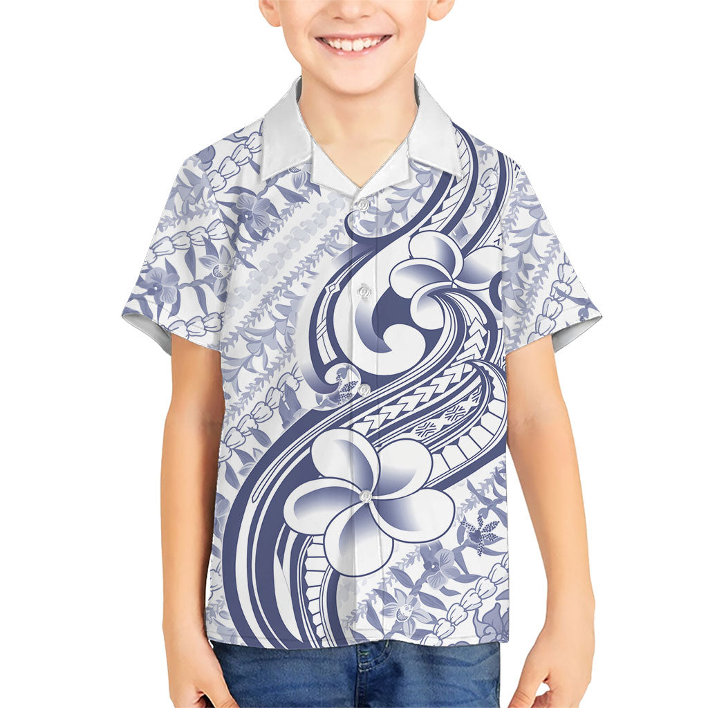 Hawaii Plumeria Lokelani Pikake Lei Family Matching Off The Shoulder Long Sleeve Dress and Hawaiian Shirt Navy Blue Polynesian Tattoo LT9 Son's Shirt Navy Blue - Polynesian Pride