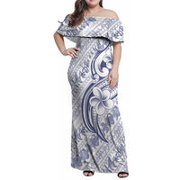 Hawaii Plumeria Lokelani Pikake Lei Family Matching Off Shoulder Maxi Dress and Hawaiian Shirt Navy Blue Polynesian Tattoo LT9 Mom's Dress Navy Blue - Polynesian Pride