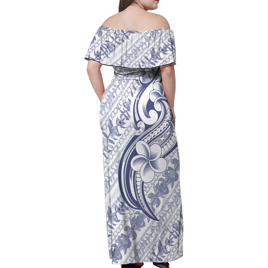 Hawaii Plumeria Lokelani Pikake Lei Family Matching Off Shoulder Maxi Dress and Hawaiian Shirt Navy Blue Polynesian Tattoo LT9 - Polynesian Pride