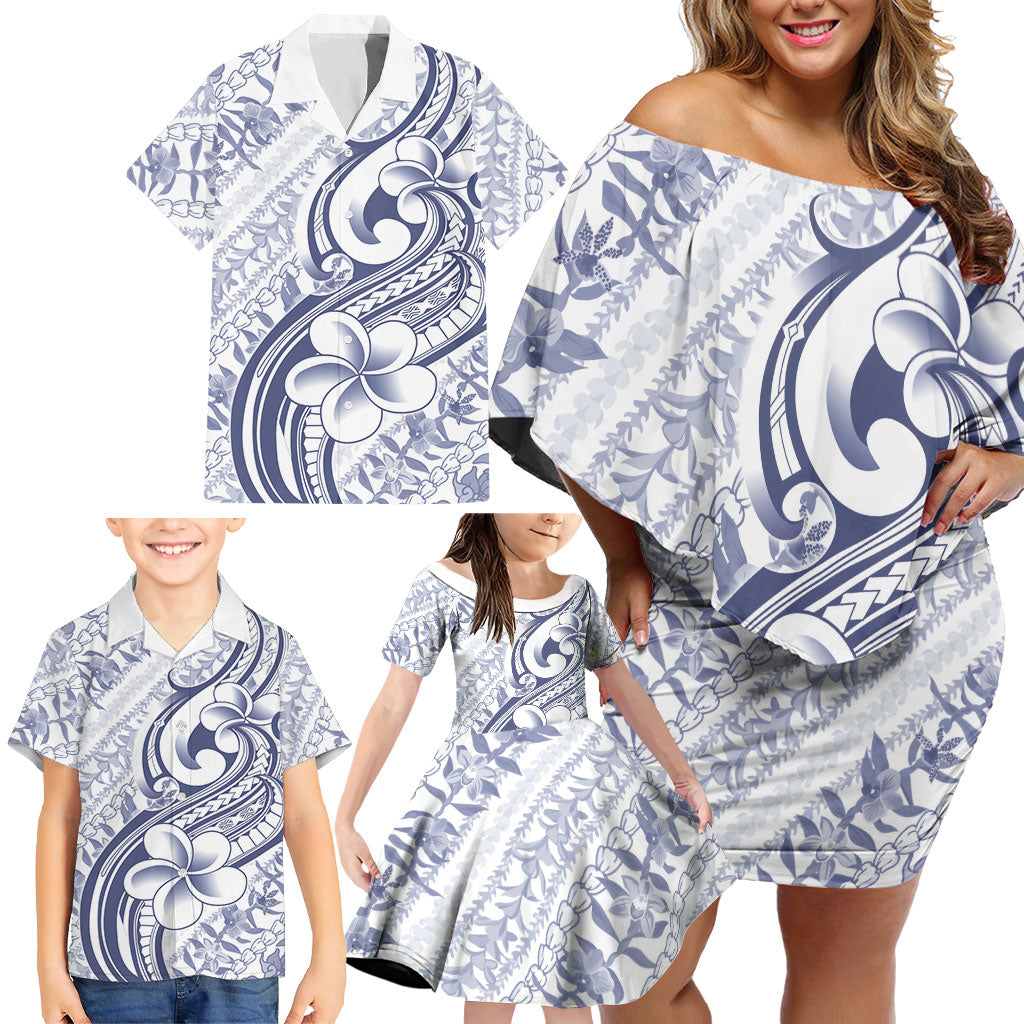 Hawaii Plumeria Lokelani Pikake Lei Family Matching Off Shoulder Short Dress and Hawaiian Shirt Navy Blue Polynesian Tattoo LT9 - Polynesian Pride