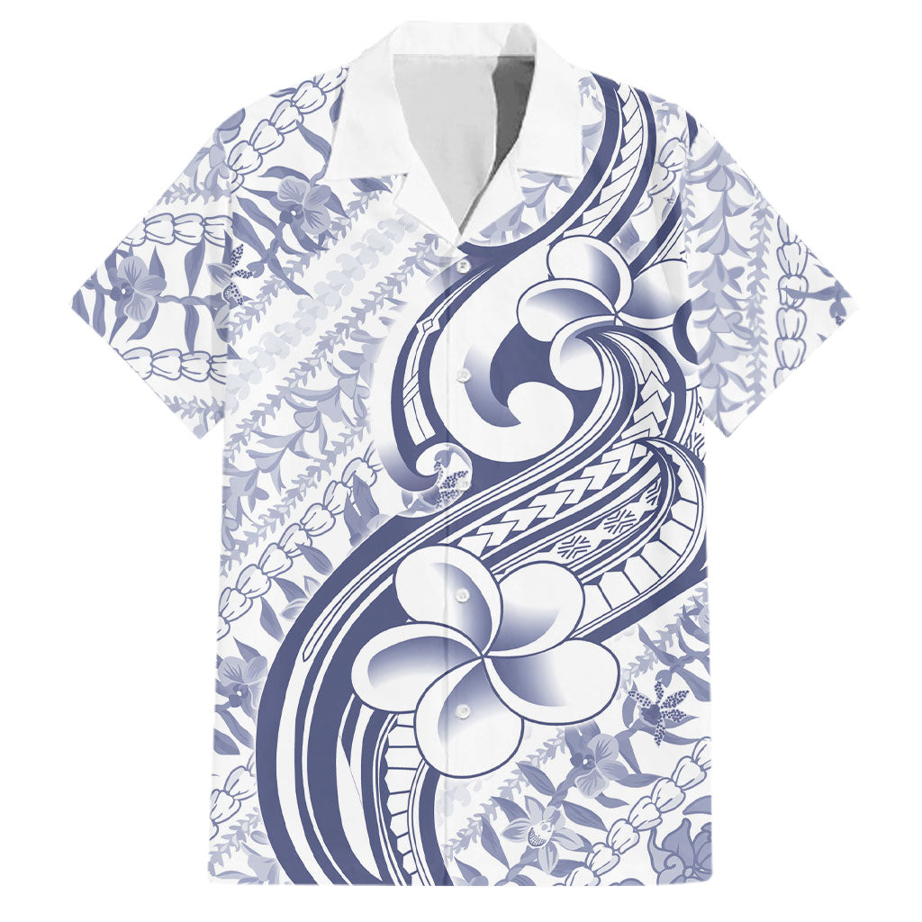 Hawaii Plumeria Lokelani Pikake Lei Family Matching Off Shoulder Short Dress and Hawaiian Shirt Navy Blue Polynesian Tattoo LT9 Dad's Shirt - Short Sleeve Navy Blue - Polynesian Pride