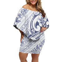 Hawaii Plumeria Lokelani Pikake Lei Family Matching Off Shoulder Short Dress and Hawaiian Shirt Navy Blue Polynesian Tattoo LT9 Mom's Dress Navy Blue - Polynesian Pride