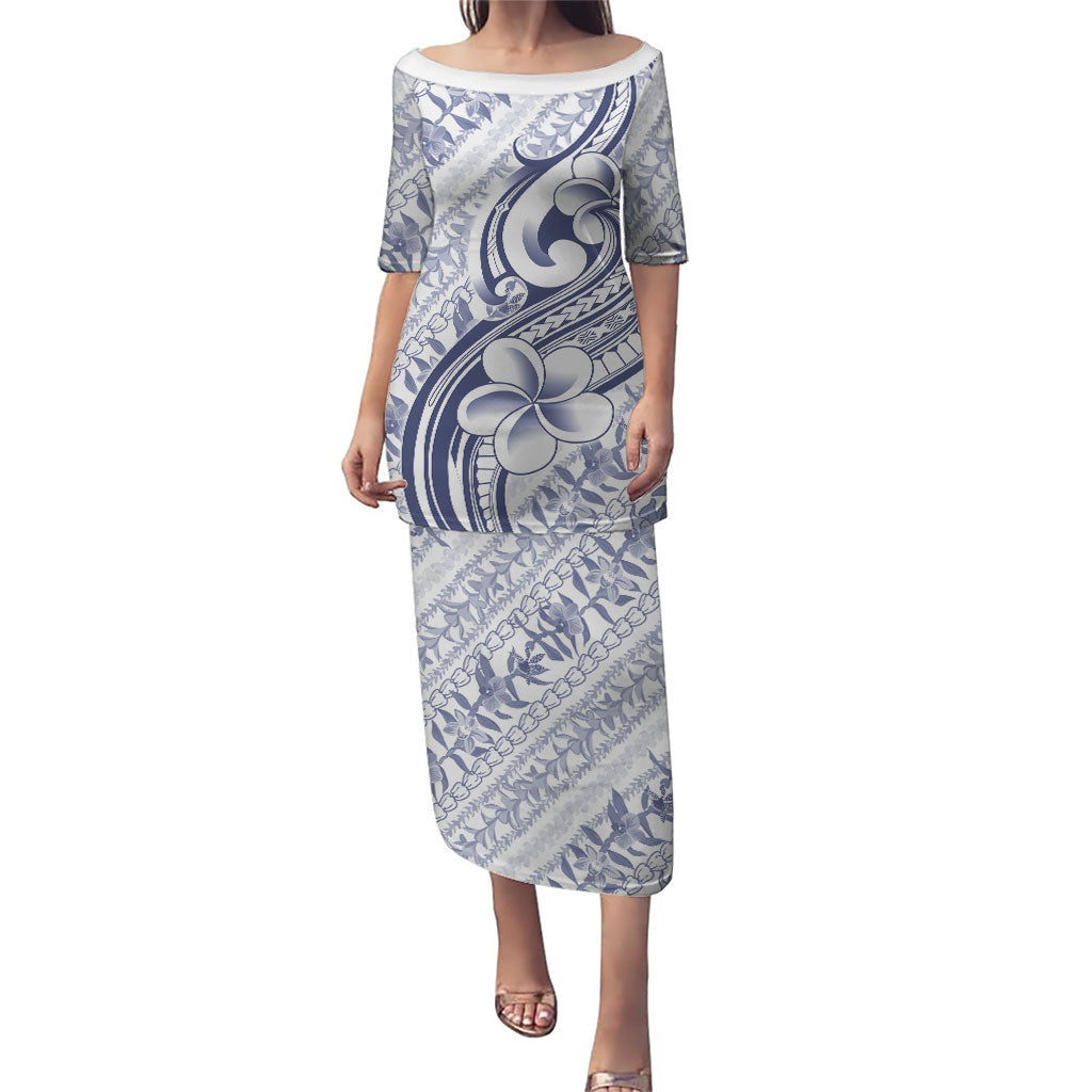 Hawaii Plumeria Lokelani Pikake Lei Family Matching Puletasi and Hawaiian Shirt Navy Blue Polynesian Tattoo LT9 Mom's Dress Navy Blue - Polynesian Pride