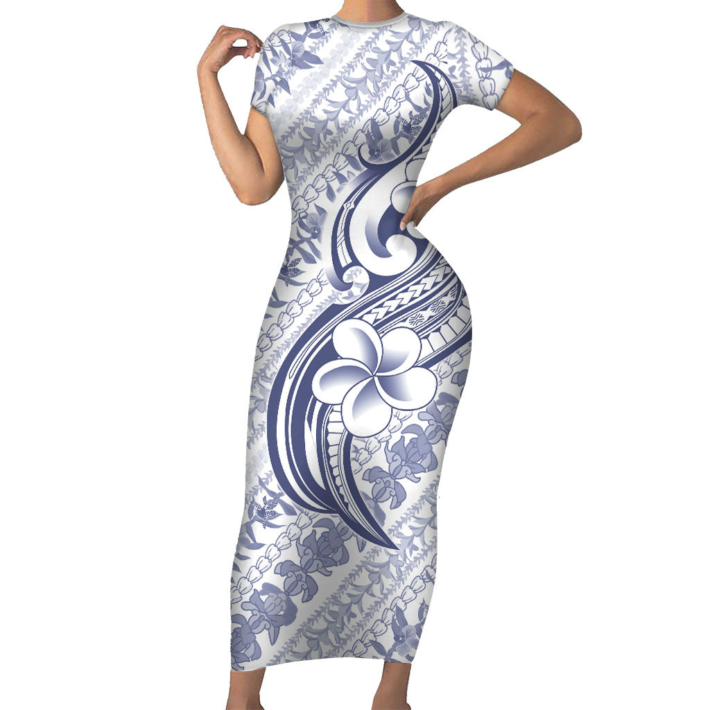 Hawaii Plumeria Lokelani Pikake Lei Family Matching Short Sleeve Bodycon Dress and Hawaiian Shirt Navy Blue Polynesian Tattoo LT9 Mom's Dress Navy Blue - Polynesian Pride