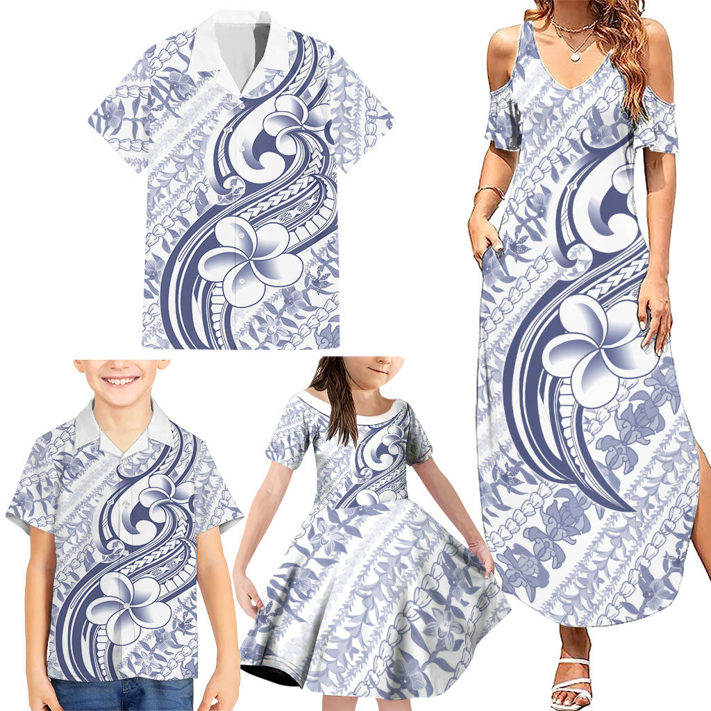 Hawaii Plumeria Lokelani Pikake Lei Family Matching Summer Maxi Dress and Hawaiian Shirt Navy Blue Polynesian Tattoo LT9 - Polynesian Pride
