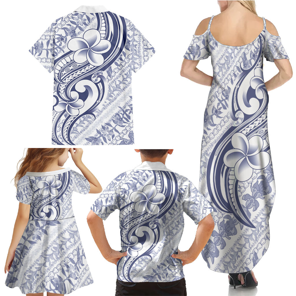 Hawaii Plumeria Lokelani Pikake Lei Family Matching Summer Maxi Dress and Hawaiian Shirt Navy Blue Polynesian Tattoo LT9 - Polynesian Pride