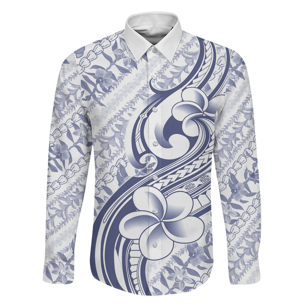 Hawaii Plumeria Lokelani Pikake Lei Family Matching Tank Maxi Dress and Hawaiian Shirt Navy Blue Polynesian Tattoo LT9 Dad's Shirt - Long Sleeve Navy Blue - Polynesian Pride