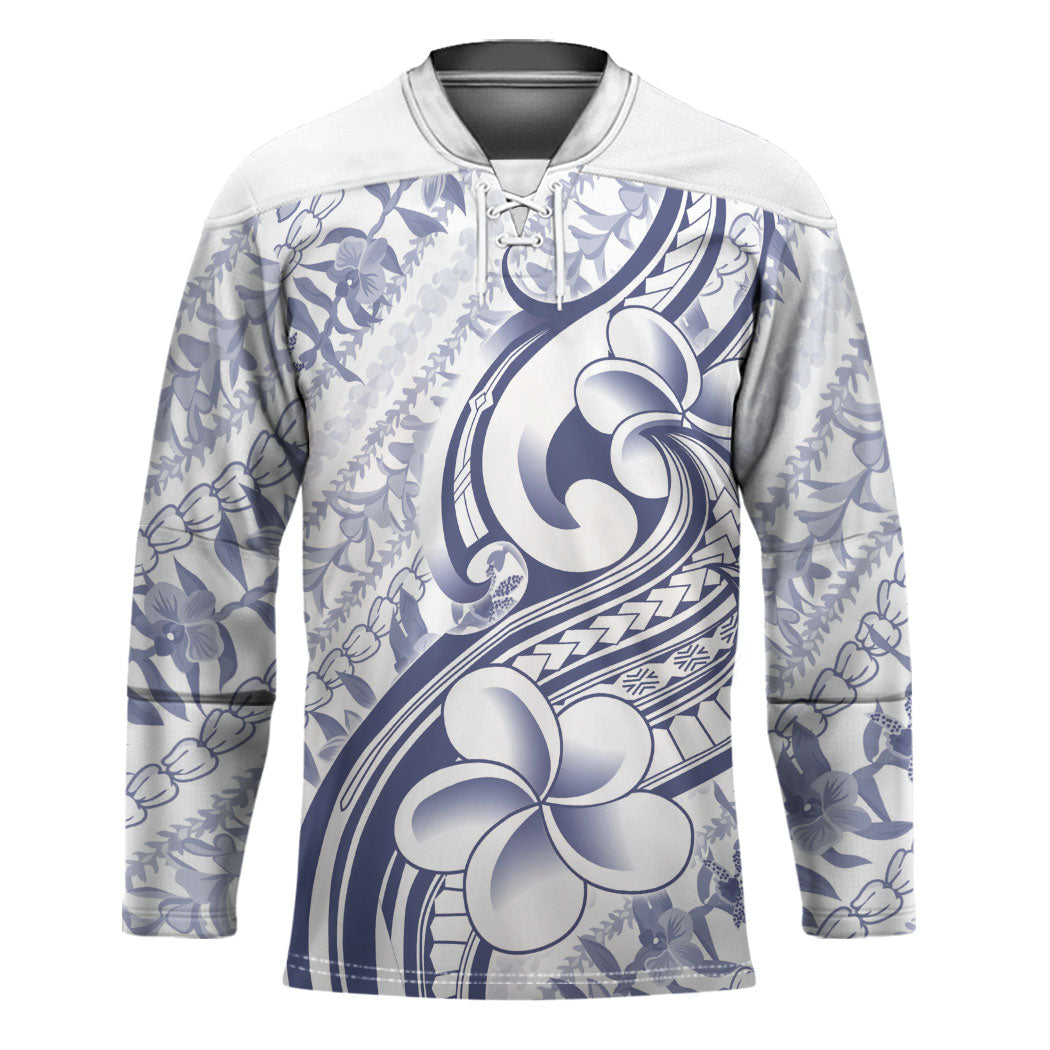 Hawaii Plumeria Lokelani Pikake Lei Hockey Jersey Navy Blue Polynesian Tattoo