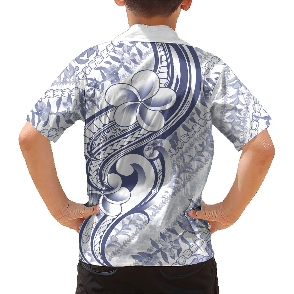 Hawaii Plumeria Lokelani Pikake Lei Kid Hawaiian Shirt Navy Blue Polynesian Tattoo