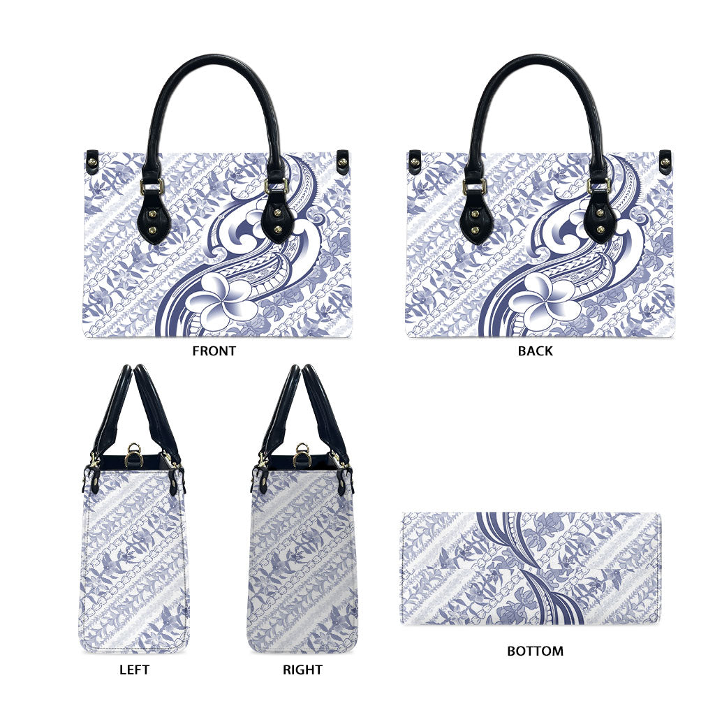 Hawaii Plumeria Lokelani Pikake Lei Leather Bag Navy Blue Polynesian Tattoo