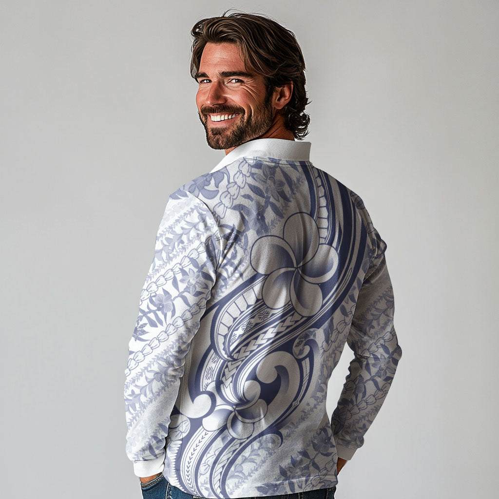 Hawaii Plumeria Lokelani Pikake Lei Long Sleeve Polo Shirt Navy Blue Polynesian Tattoo