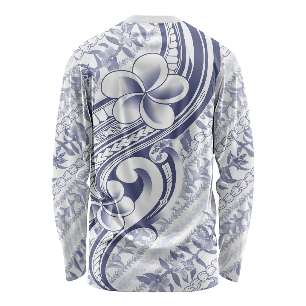 Hawaii Plumeria Lokelani Pikake Lei Long Sleeve Shirt Navy Blue Polynesian Tattoo