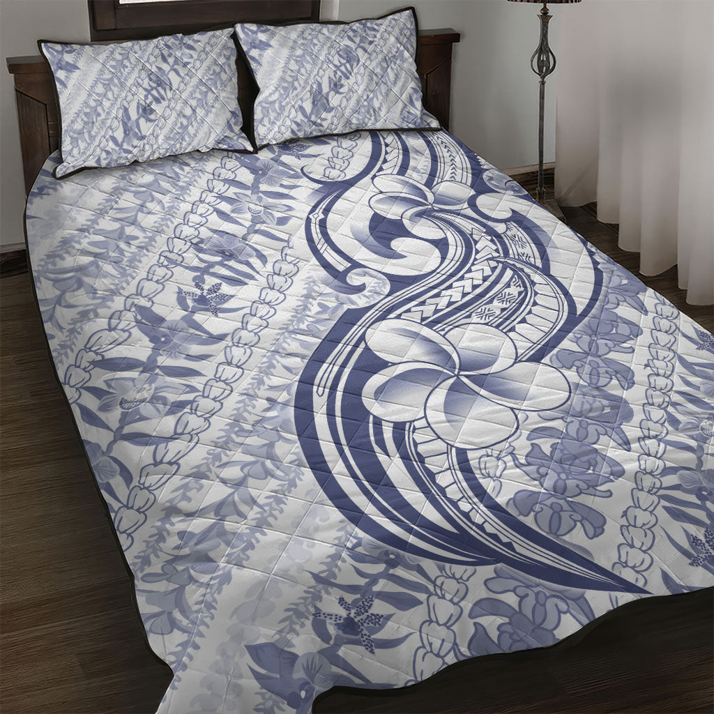 Hawaii Plumeria Lokelani Pikake Lei Quilt Bed Set Navy Blue Polynesian Tattoo