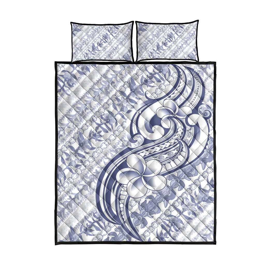 Hawaii Plumeria Lokelani Pikake Lei Quilt Bed Set Navy Blue Polynesian Tattoo