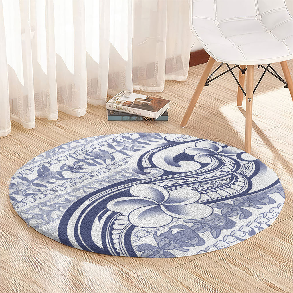 Hawaii Plumeria Lokelani Pikake Lei Round Carpet Navy Blue Polynesian Tattoo