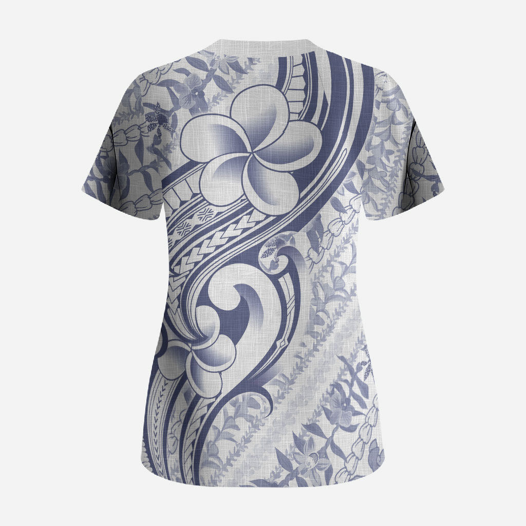 Hawaii Plumeria Lokelani Pikake Lei Scrub Top Navy Blue Polynesian Tattoo LT9 - Polynesian Pride