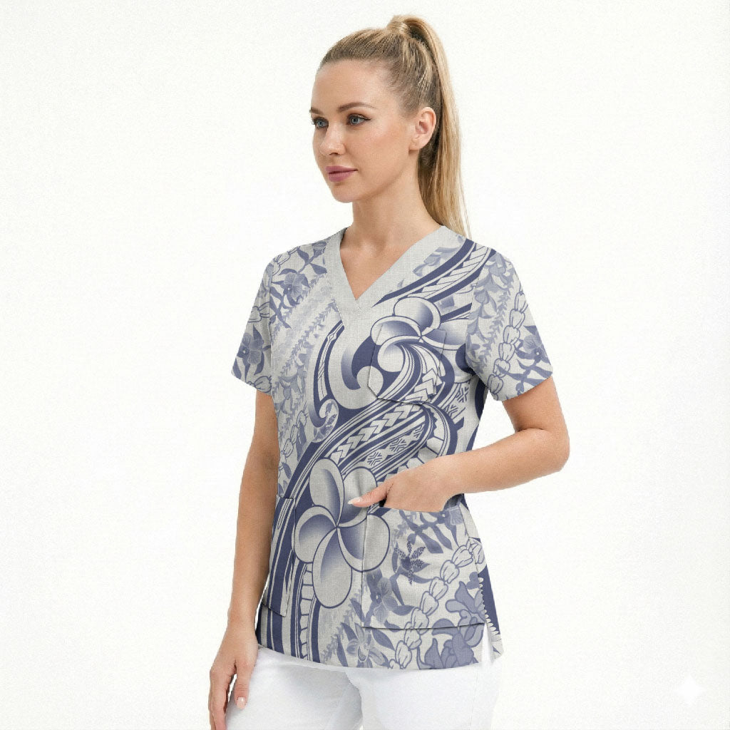 Hawaii Plumeria Lokelani Pikake Lei Scrub Top Navy Blue Polynesian Tattoo LT9 - Polynesian Pride