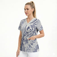 Hawaii Plumeria Lokelani Pikake Lei Scrub Top Navy Blue Polynesian Tattoo LT9 - Polynesian Pride