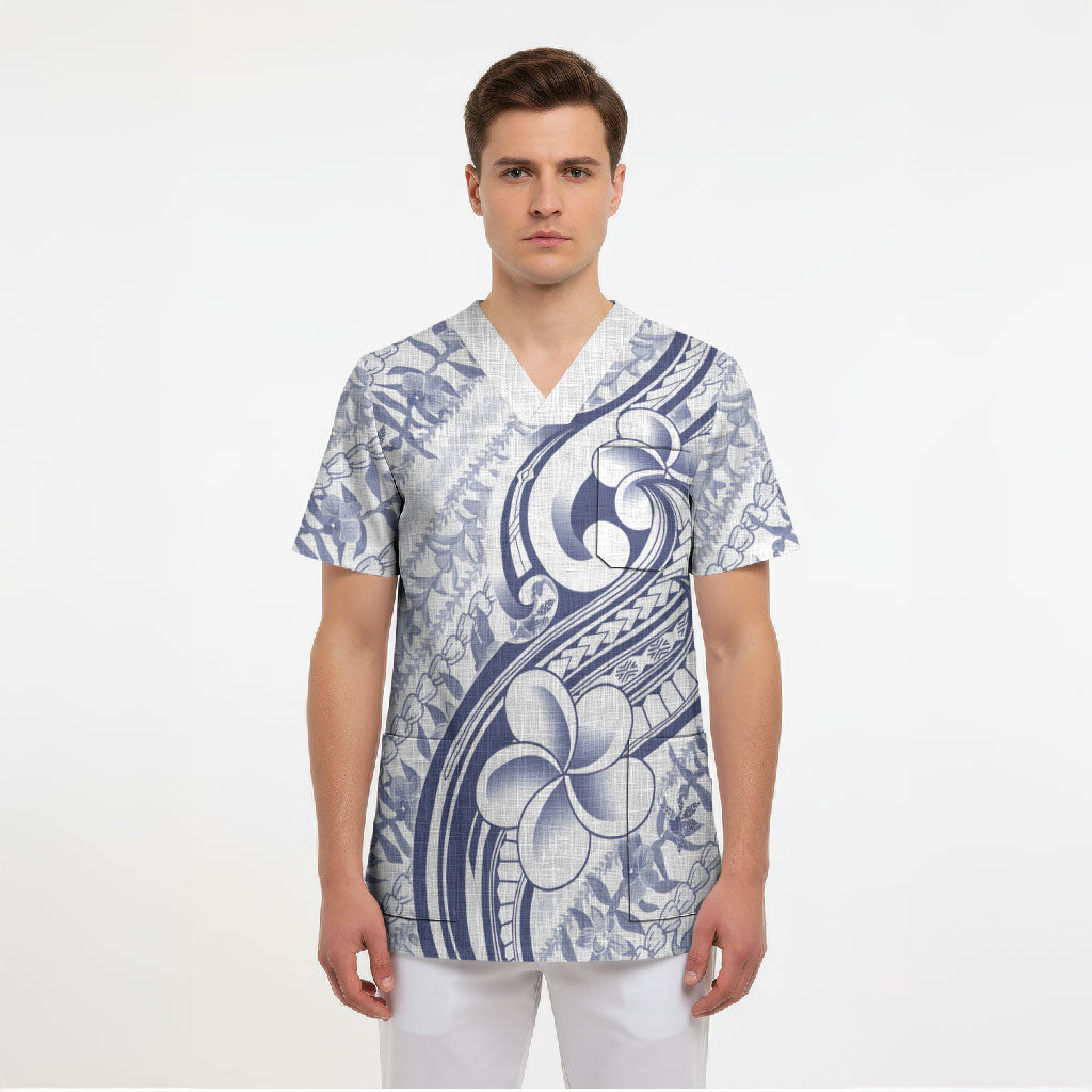 Hawaii Plumeria Lokelani Pikake Lei Scrub Top Navy Blue Polynesian Tattoo LT9 - Polynesian Pride